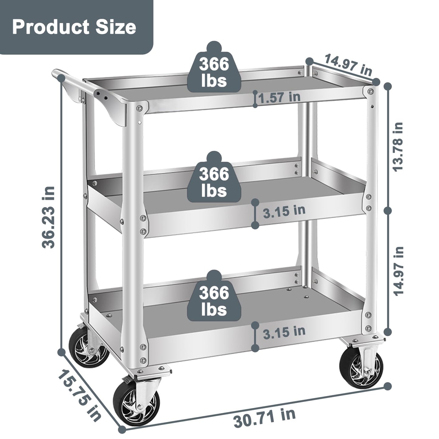 3-Tier 14 Gauge Stainless Steel Utility Cart, 1100 lbs Heavy Duty Service Cart with Wheels, Rolling Tool Cart on Wheels for Mechanic, Garage, Workshop, Warehouse, 15.75" D x 30.7" W x 36.2" H