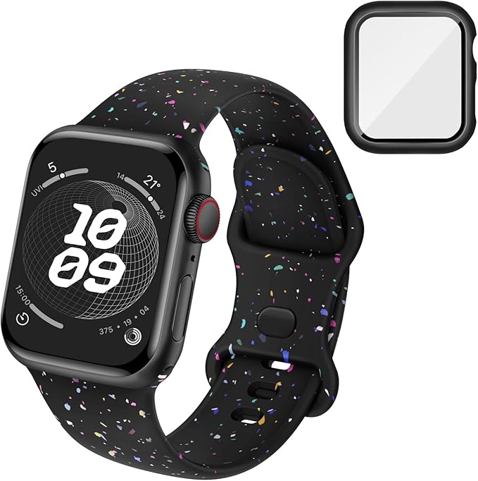 Compatible for Apple Watch Band 44mm 45mm and Case with Screen Protector, Soft Silicone Sport Strap Bands and Protective Cover with Tempered Glass for iWatch Series 9 8 7 SE 6 5 4