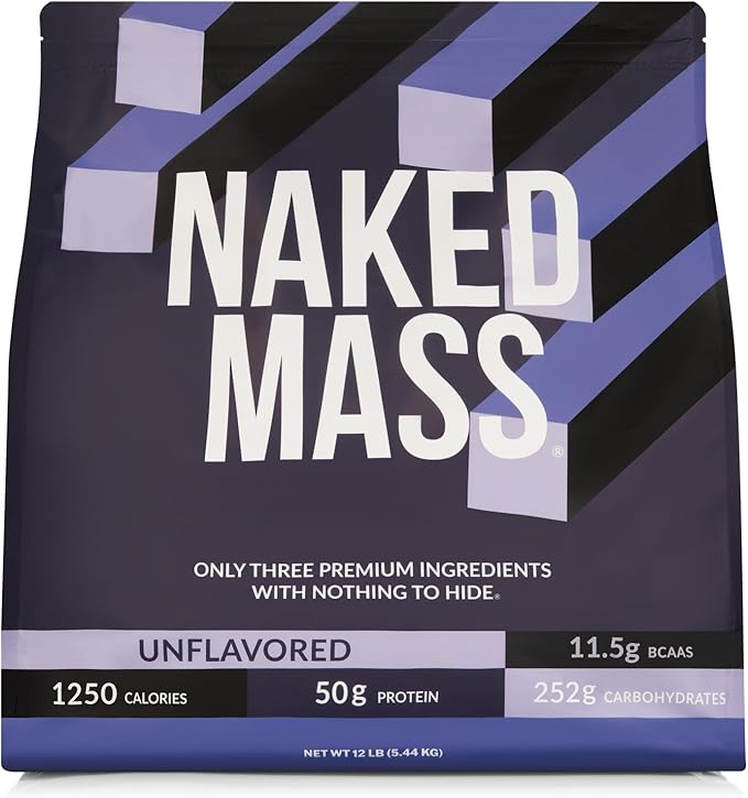 NAKED Mass - Natural Weight Gainer Protein Powder - 12LB Bulk, GMO Free, Gluten Free & Soy Free. No Artificial Ingredients - 1,250 Calories per Serving