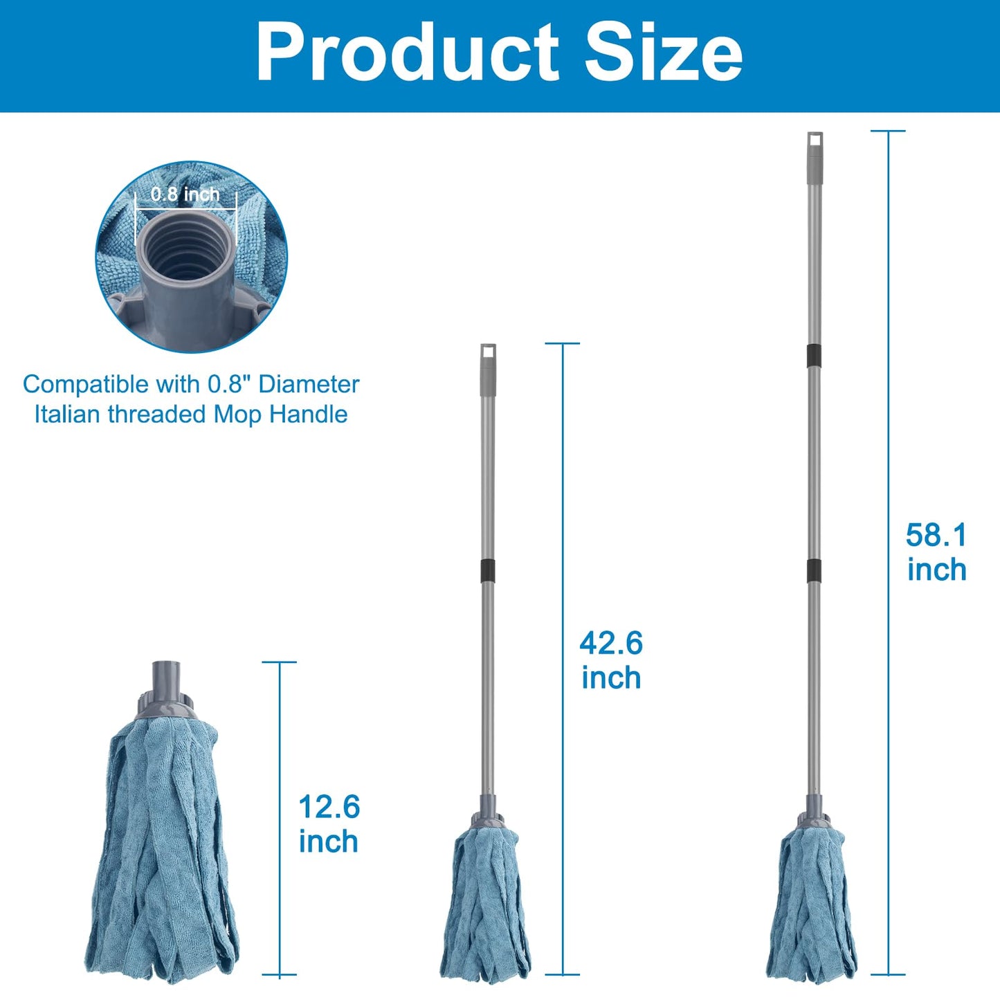 KeFanta Mops for Floor Cleaning,One Mop Handle with 2 Blue Microfiber Cloth Mops Head Replacement,String Wet Mop Refills Compatible with 0.8" Diameter Stick(1 Pole & 2 Heads)
