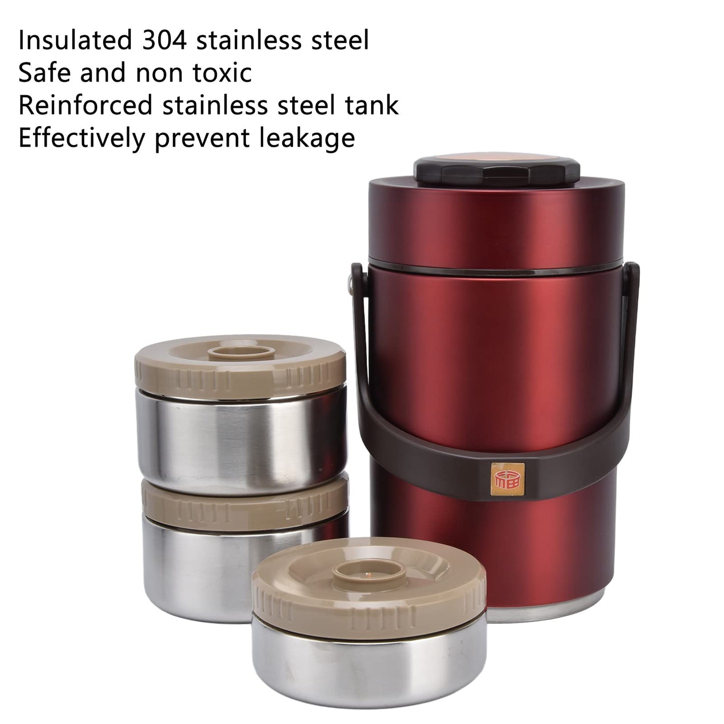 Qiilu Food Flask 2L Termos Para Comida Caliente 24 Horas 304 Stainless Steel 2.3L Vacuum Lunch Box 3 Layers Prevent Leakage Insulated Container For Work Travel (Red)