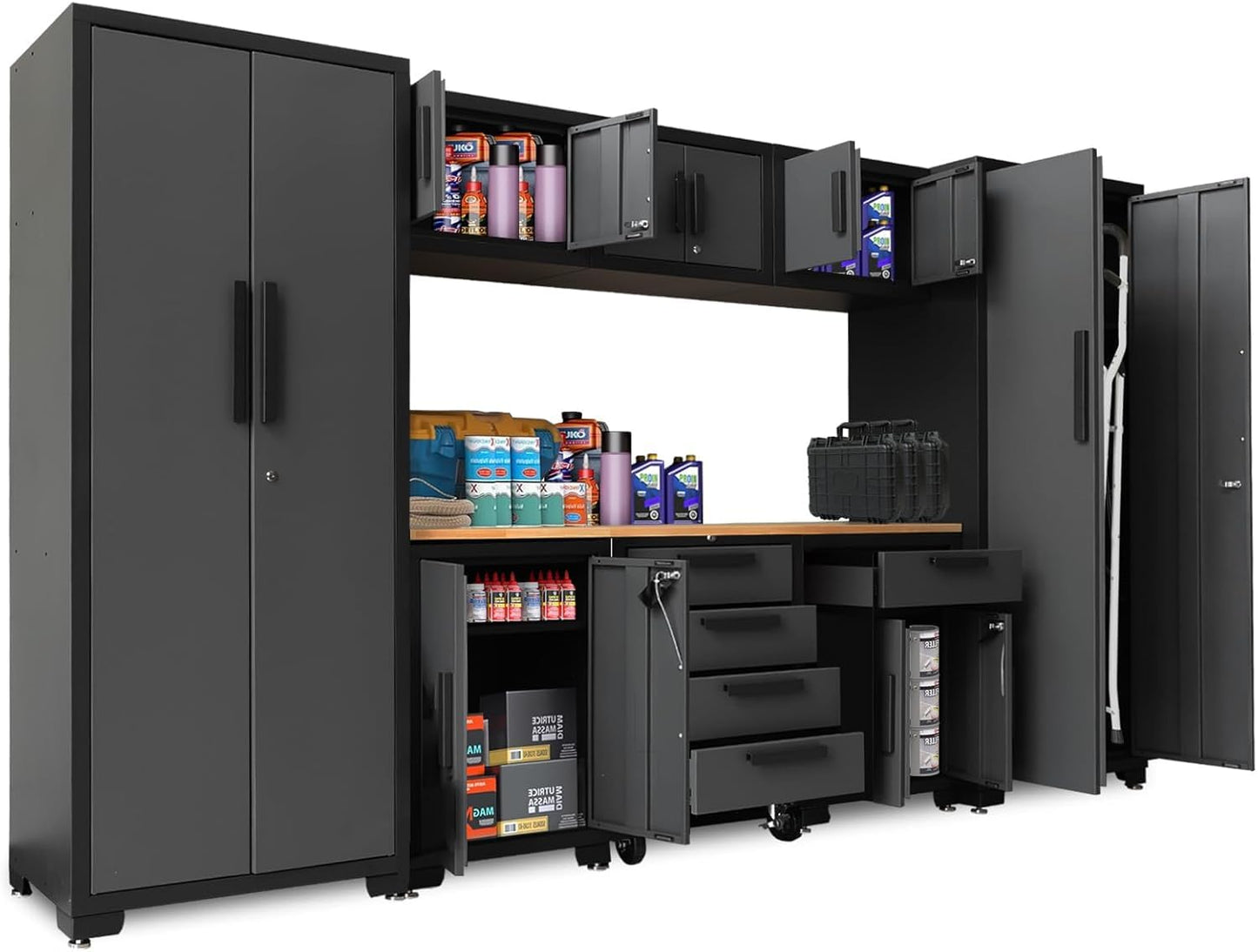 Torin Garage Cabinets Storage System, 9 Piece Included Steel Drawers Rolling Chest,Locked Storage Cabinet, Perfect for Organizing Garage and Tools, Black/Grey