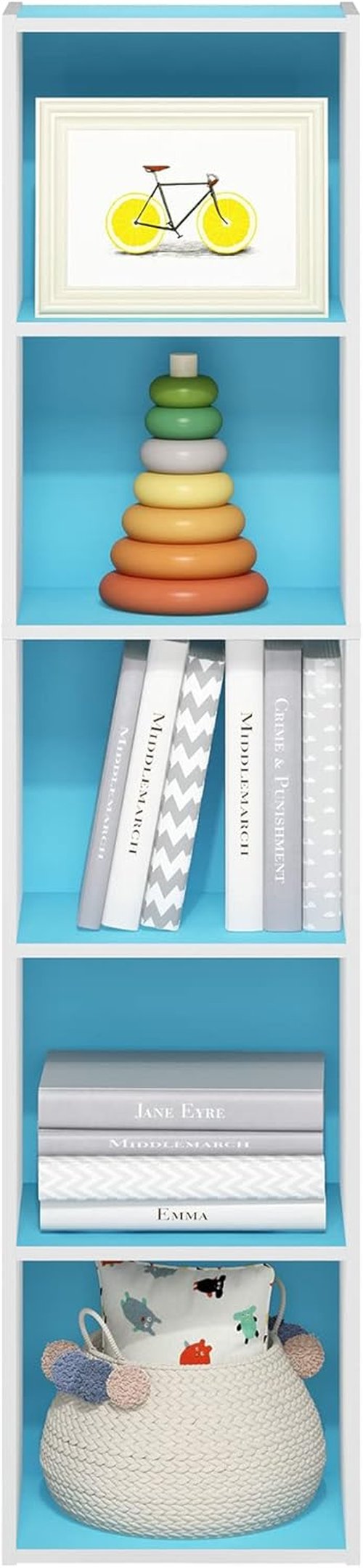 Furinno PASIR 5-Tier Modern Bookshelf - Easy Assembly Open Shelves Bookcase | Light Blue/White, 9 x 12 x 52