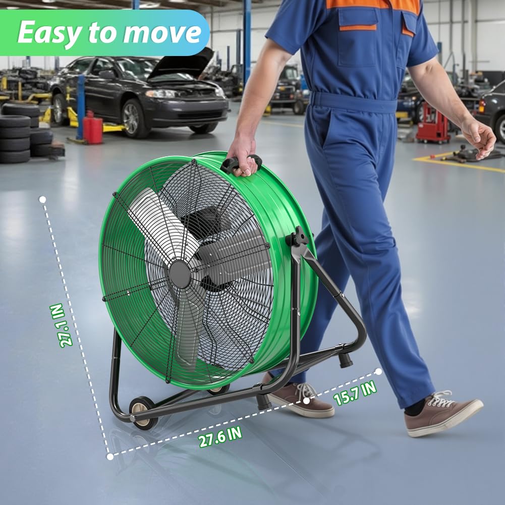 LifePlus 24 Inch Industrial Drum Fan High Velocity Floor Shop Fan 3 Speed, Heavy Duty Metal Air Circulator with Adjustable Tilt & Large Wheel for Warehouse, Garage, Factory, Patio, Barn, Green