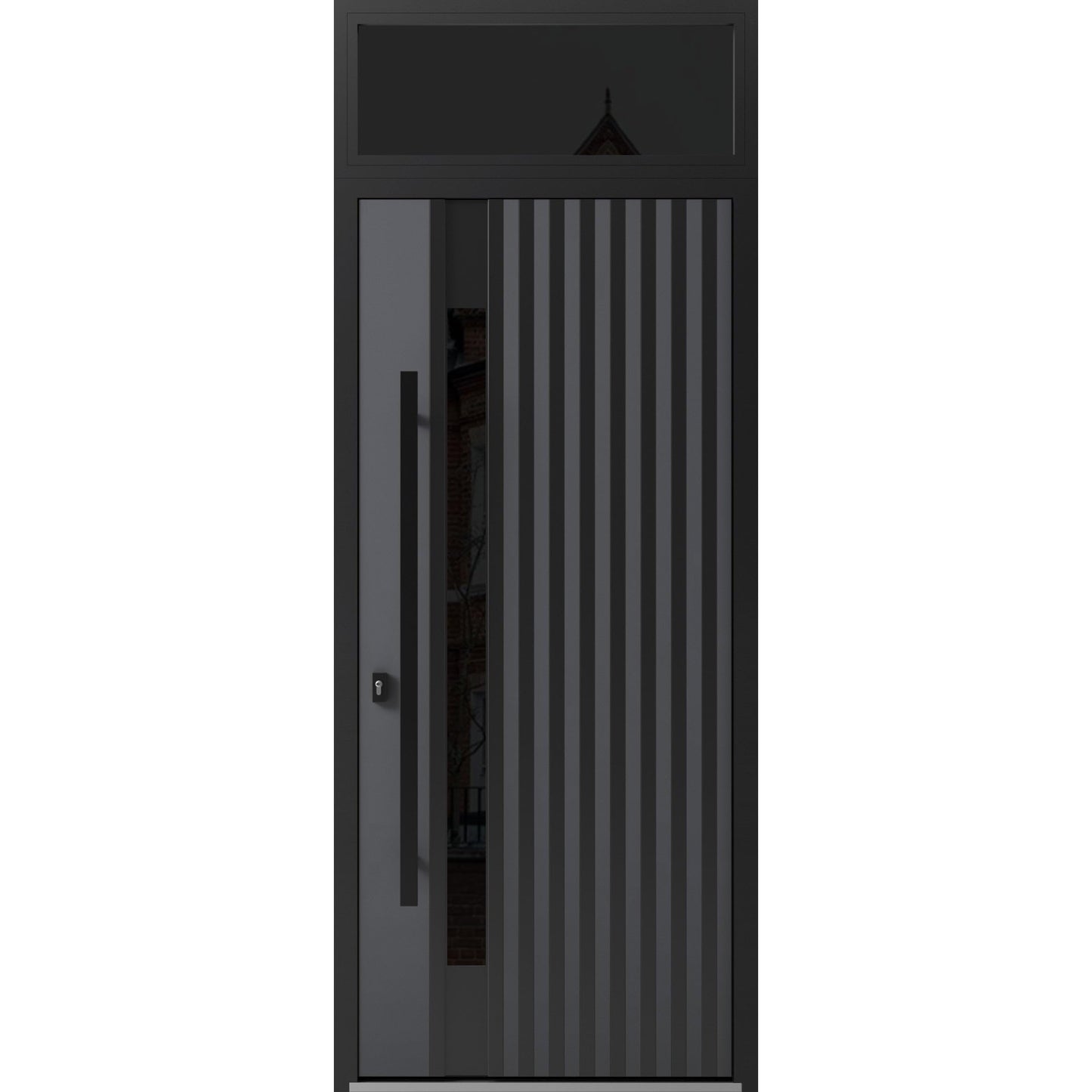 VDOMDOORS Front Exterior Prehung Steel Door/Ronex 0144 Grey/Top Exterior Window Sidelite/Entry Metal Modern Painted W36 x H80+16" Right Hand Inswing