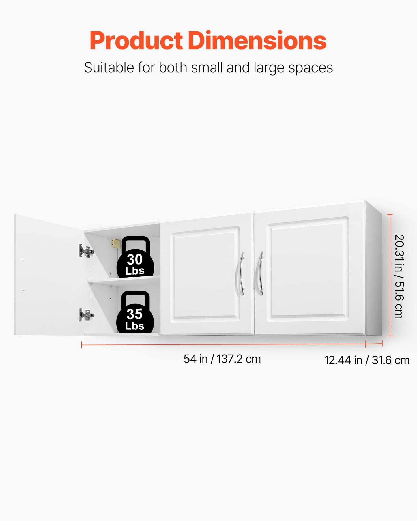 VEVOR Laundry Room Wall Cabinet, 2-Tier Wall Mounted Hanging Cabinet with Adjustable Shelf, Cupboard Storage with 3 Doors, for Kitchen, Bathroom, Laundry, 12.44 x 54 x 20.31 in (D x W x H), White
