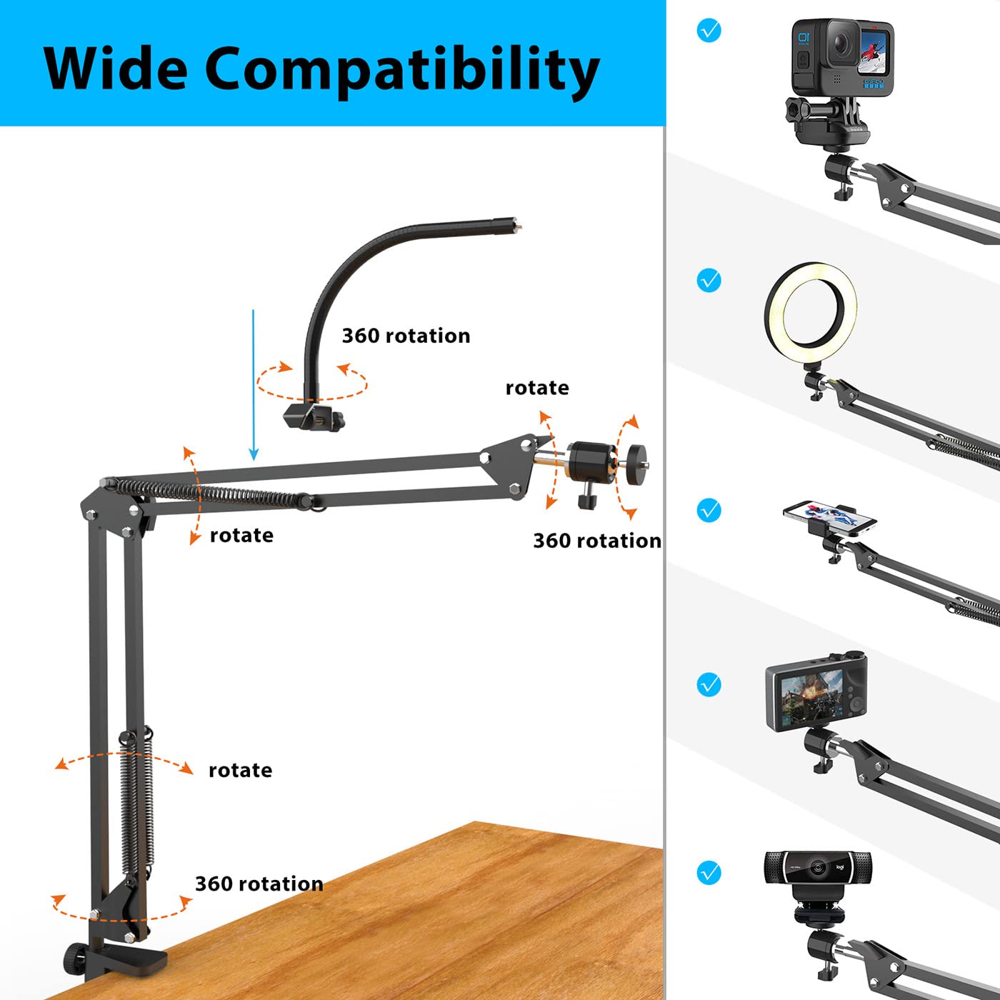 Overhead Camera Mount with Ring Light, Flexible Articulating Phone Arm Stand Compatible with iPhone, Logitech Webcam, Desk Tripod for YouTube Live Stream Cooking Nail Video Recording