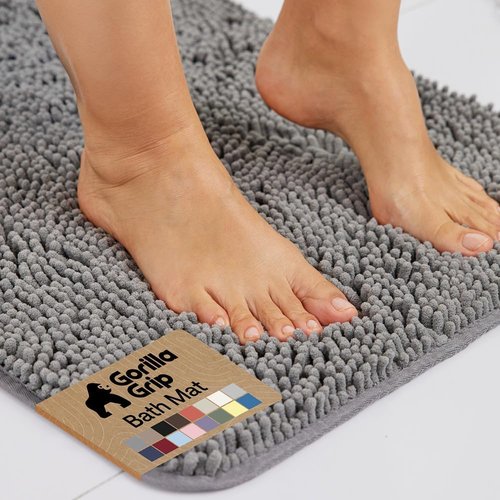 GORILLA GRIP Bath Rug Mat - Thick Soft Chenille | Quick Dry Microfiber, 30x20, Grey Washable Bathroom Accessory