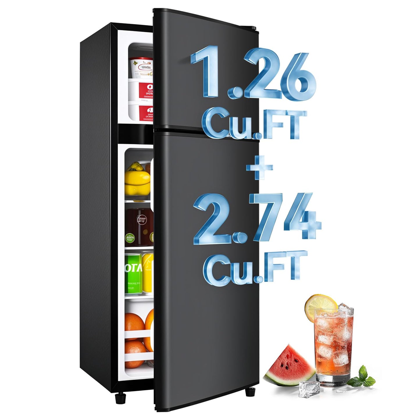 Anypro 4.0 Cu.Ft Fridge with Freezer, Double Door Refrigerator with 6 Level Thermostat, LED Light, Adjustable Glass Shelves for Bedroom, Office, Dorm, Apartment, Black