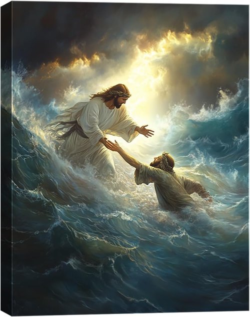 Jesus Wall Art by KFYMP - Inspiring Canvas Print of Jesus Rescuing Peter - 12x16 Inch Christian Decor