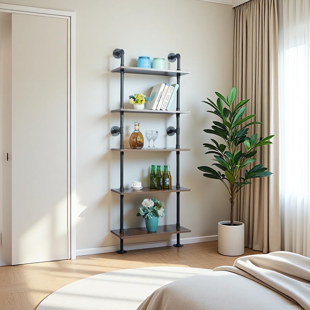 HEONITURE 5 Shelf Industrial Pipe Shelving, Black Modern Bookcase Bookshelf, Wall Mount Ladder Shelf with Metal Frame Display Selves