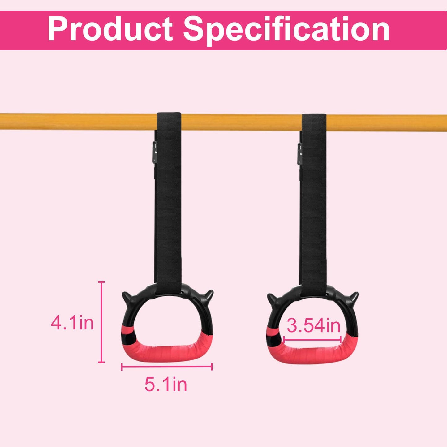 RINREA Gymnastics Rings for Kids, Children's Pull Up Rings with Adjustable Straps, Home Exercise Gym Rings for Strength/Physical Training (Pink)