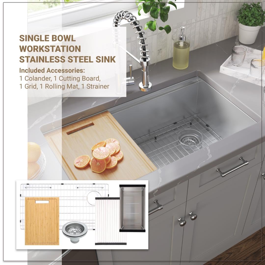 MSI Undermount Stainless Steel 33 in. x 19 in. Single Bowl Workstation Kitchen Sink with Cutting Board, Colander, Rolling Mat, Grid, and Strainer