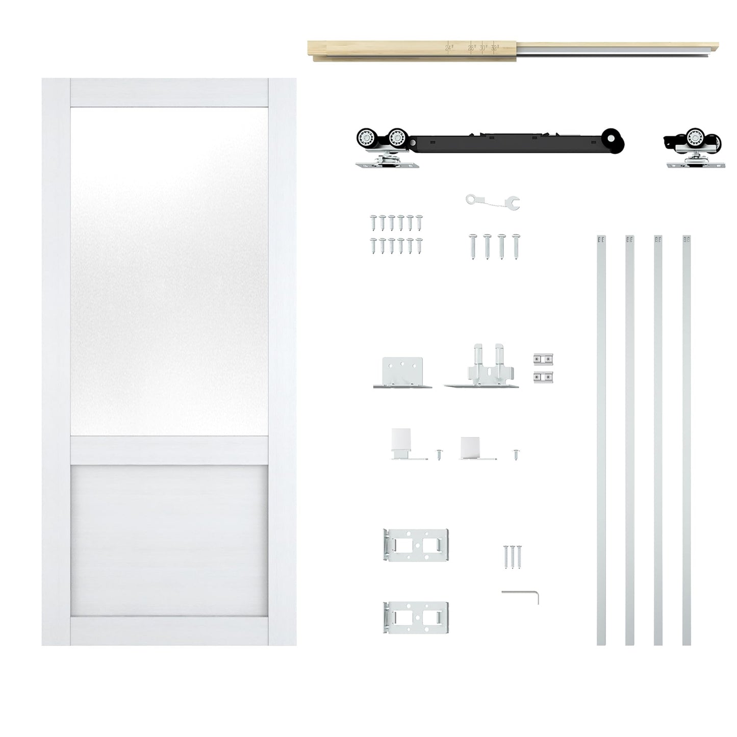 JUBEST Pocket Door 36"x80", 2-Panel Tempered Frosted Glass Sliding Pocket Door with Soft Close Hardware Kit, Sturdy Solid Wood & MDF with Water-Proof PVC Surface, White