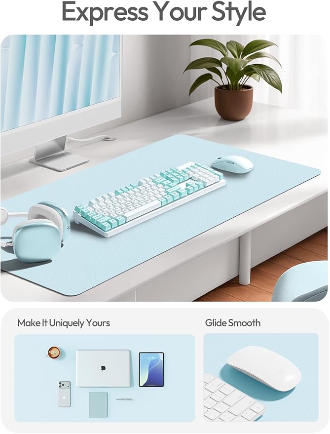 YSAGi Leather Desk Protector, Office Mat, Large Mouse Mat, Non-Slip PU Leather Blotter, Laptop Desk Mat, Waterproof Writing Pad for Office and Home(Baby Blue, 42" x 17.2")
