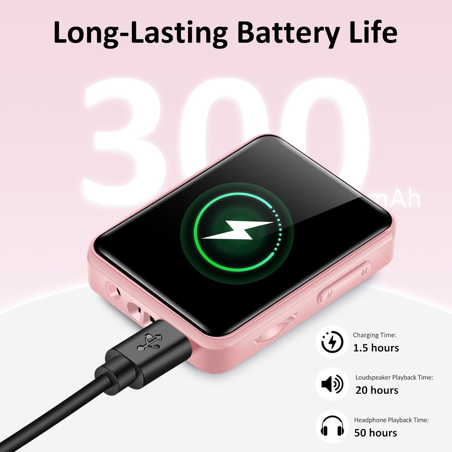 VANSING MP3 32GB MP3 1.8 inch 512GB(Pink) Player with Bluetooth, Portable Bluetooth Player for Kids, Music Player