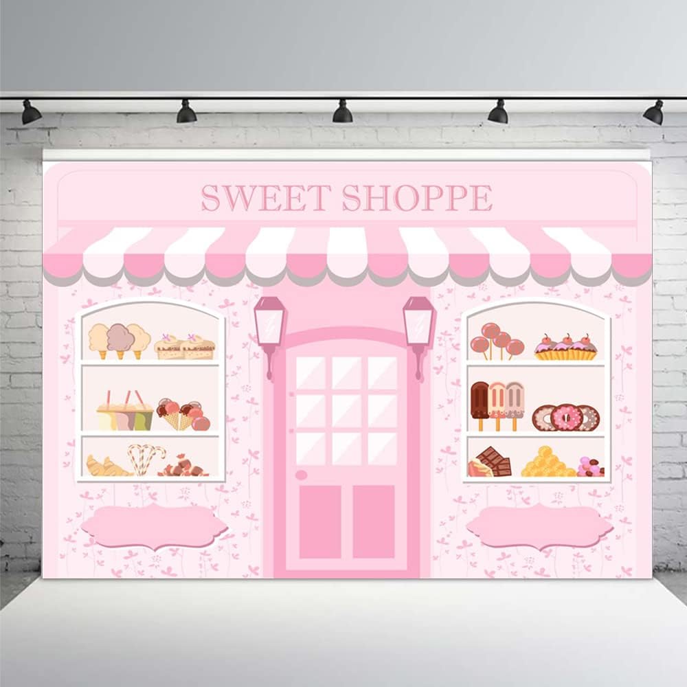 MEHOFOND 7x5ft Pink Sweet Shoppe Backdrop Dessert Parlor for Girls Birthday Photography Background Kids Party Banner