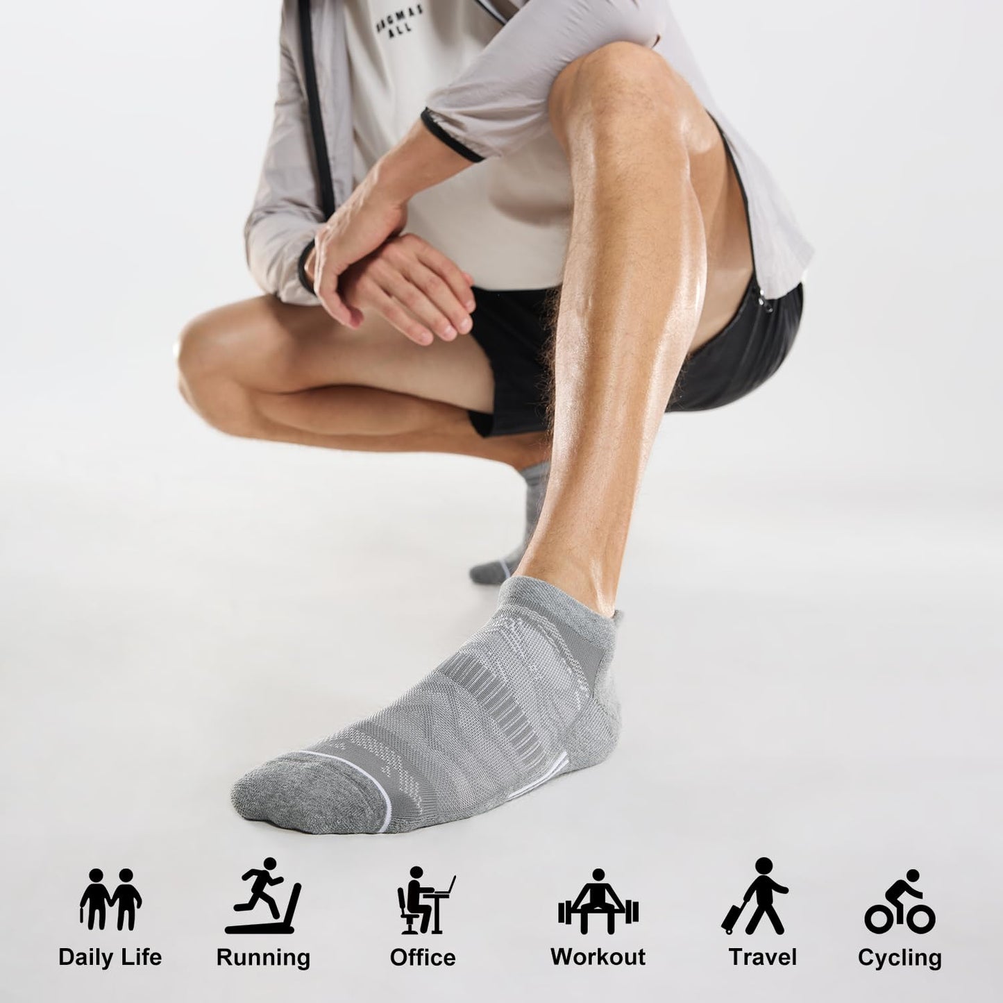 FITRELL 6 Pack Ankle Running Socks for Men and Women Low Cut Cushioned No Show Athletic Sports Compression Socks, Shoe Size 12-15, Black+White+Grey Mixed