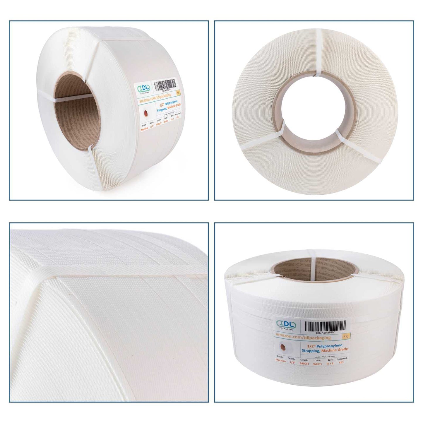 IDL Packaging 1/2" x 9900' Machine Grade Polypropylene (PP) Strapping Roll of 8" x 8" Core Size (350 lbs Break Strength) for Automatic and Semi-Automatic Machines - Lightweight Poly Banding Packaging