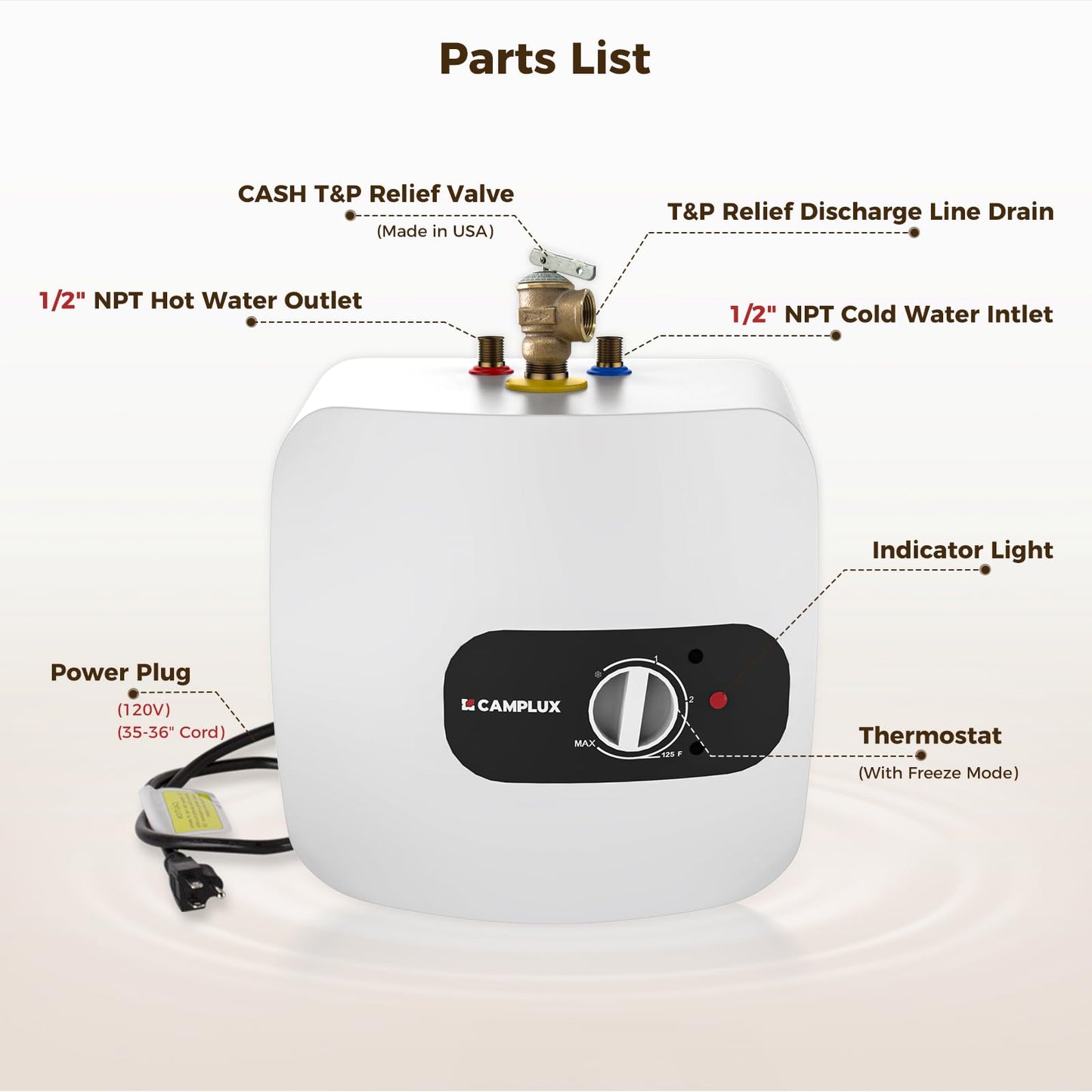 CAMPLUX Electric Mini-Tank Water Heater 8 Gallon (ME80B) On-demand Endless Water Heater, 120-Volt Corded 1440W, Under Sink, Wall or Floor Mounted