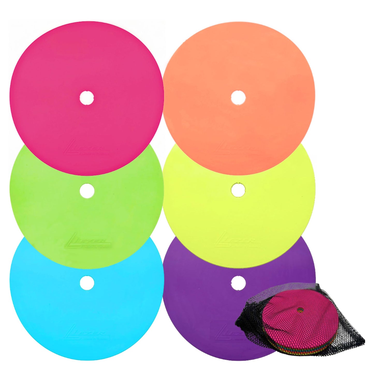 LEZER 9 Inch Flat Cones, Spot Markers, Soccer Cones, Field Court Markers, Sit Spots, Flat Discs, Soccer Training Equipment, Agility Practice, Football, Made in Taiwan, Set of 6
