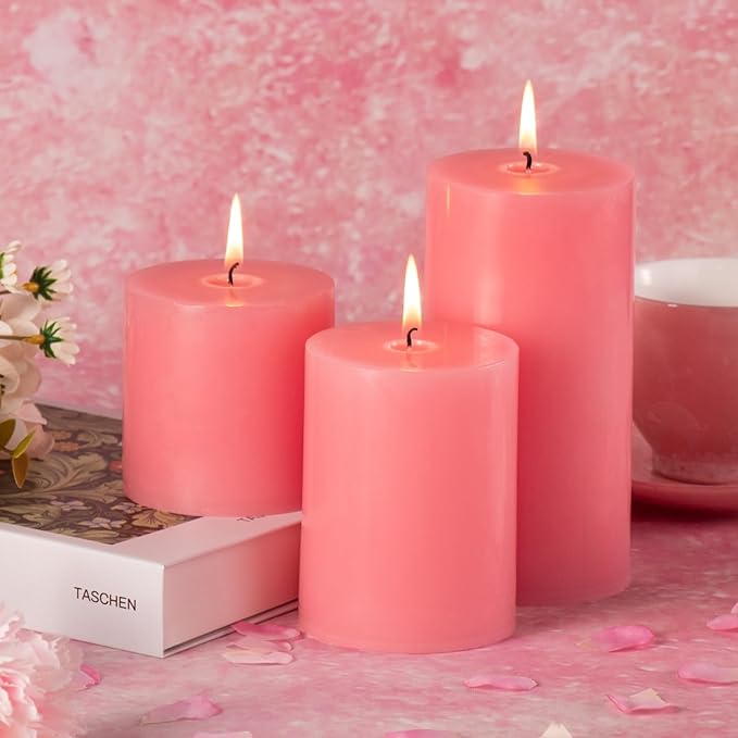 KONNI Pink Pillar Candles Set of 3, 3"x 3" Unscented Pillar Candles Bulk, 30 Hours Long Burning Candles, Smokeless&Dripless Large Round Candle for Wedding, Home Decoration, Parties, Spas, Dinner