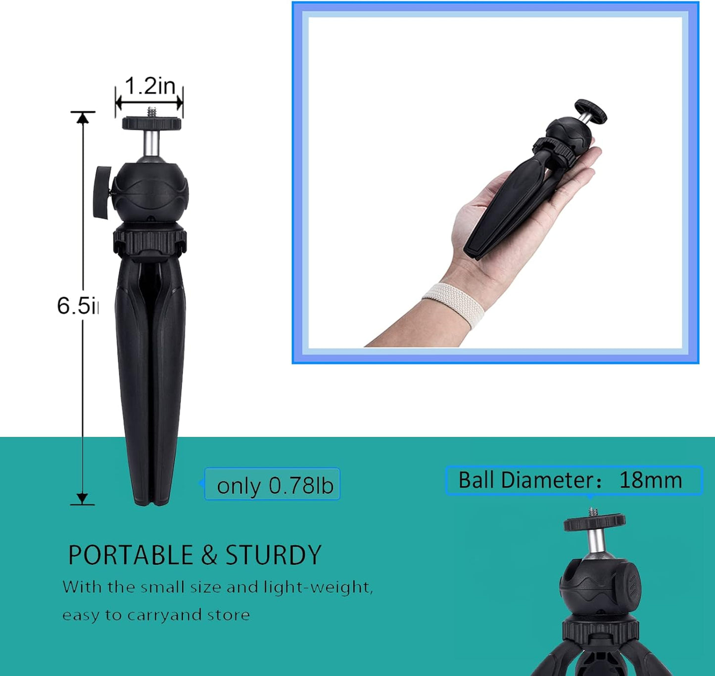Ytvariw 360 Mini Camera Tripod with Phone Holder & GoPro Mount, Ball Head, Black, Compatible with DSLR, GoPro