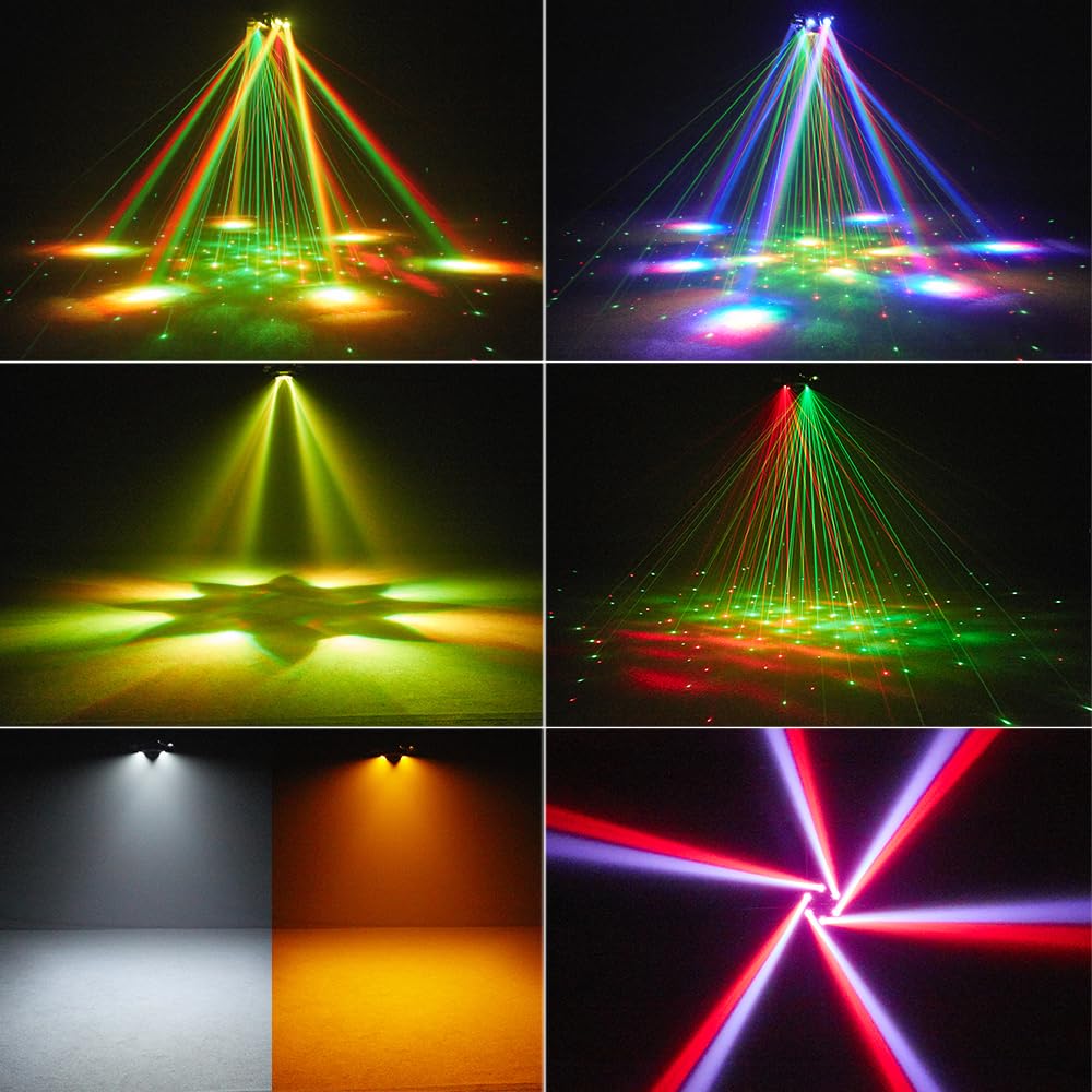 Moving Head DJ Lights, Rualin 150W LED Stage Light 4 in 1 with RGBW 6 Arms Beam, Bee-Eye Light, Red Green Starry and White Amber Strobe, Remote & DMX Control for Disco Club Party DJ Stage Lighting