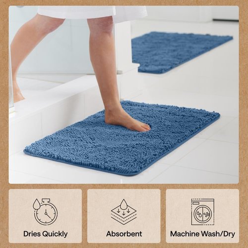 GORILLA GRIP Bath Rug Mat - Soft Absorbent Chenille | Quick Dry Microfiber, 60x17, Blue