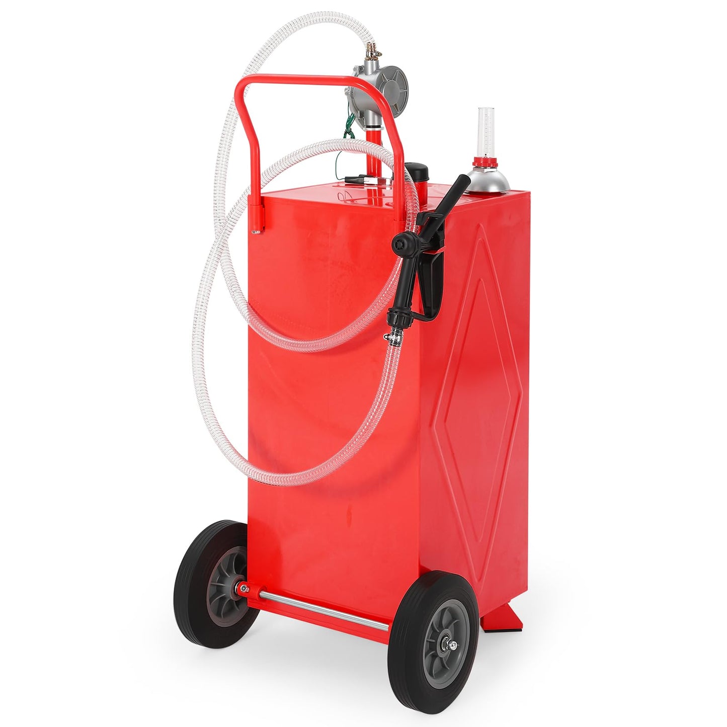 35 Gallon Fuel Gas Caddy Storage Tank, Portable Gas Caddy with Wheels, Manual Rotary Transfer Pump, Fuel Hose, Wide Fill Opening, Vent and Level Gauge, Mobile Gasoline Diesel Transfer Tank for ATV, Mower, Tractor, Car, Boat