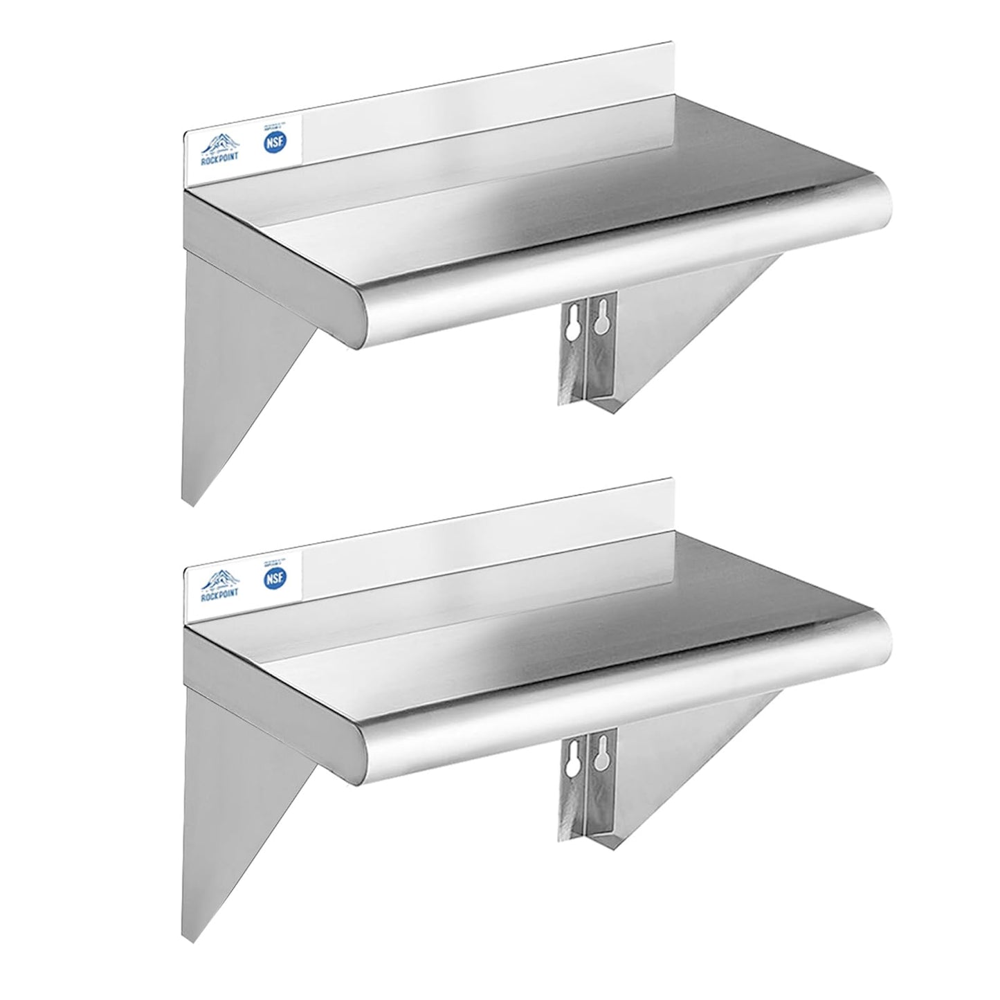ROCKPOINT Stainless Steel Shelf 10 x 16 Inches 190lb, 2 Pack NSF Metal Commercial Shelves Wall Mount Floating Shelving with Backsplash for Restaurant, Kitchen, Home and Hotel, Silver
