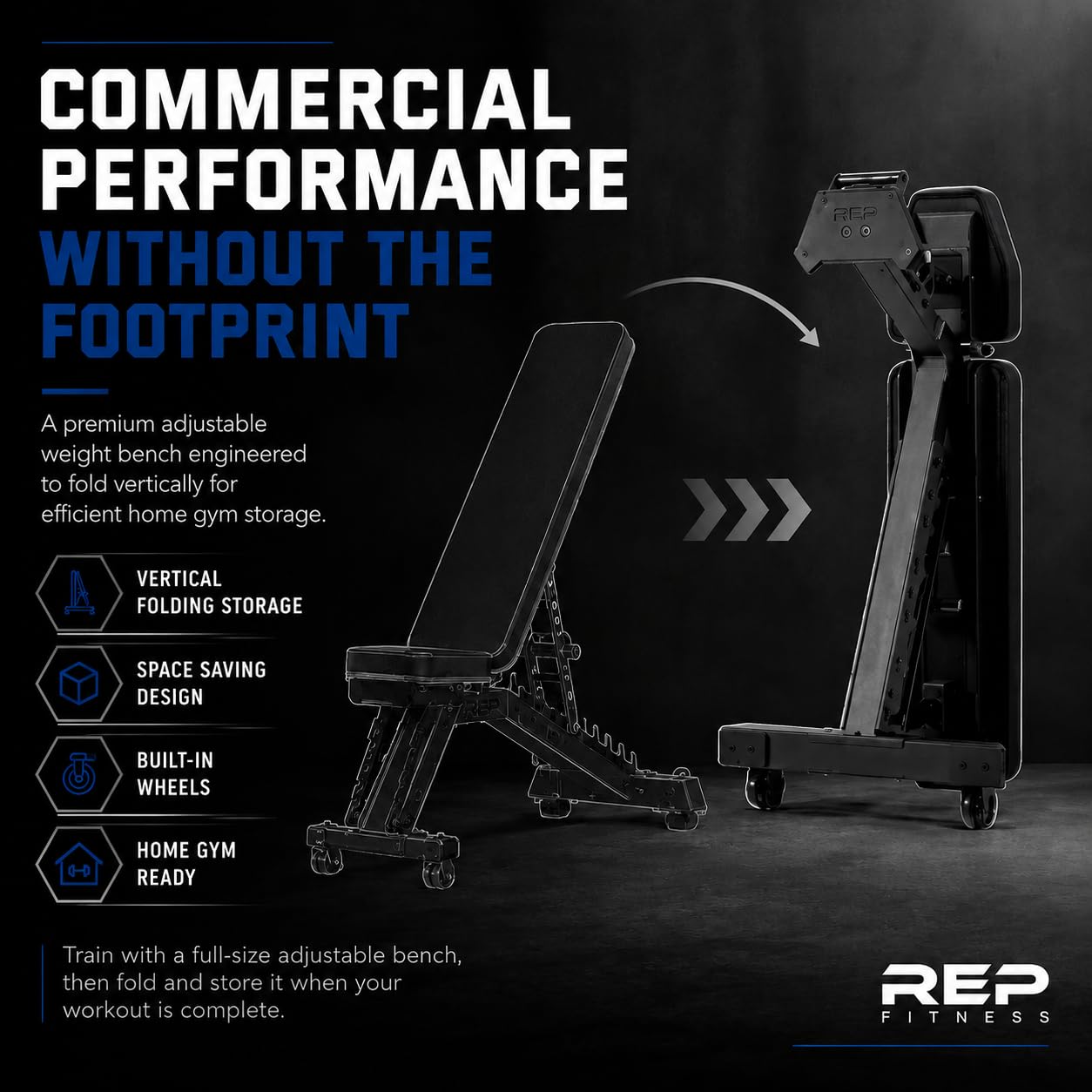 Rep Nighthawk Adjustable Weight Bench | Home Gym Incline Decline Flat Workout Bench | Heavy Duty Fitness and Strength Training Equipment | Foldable Space Saving Design, Matte Black