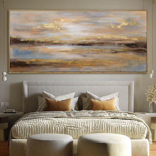 Gold Abstract Wall Decor - Modern Framed Canvas Artwork for Office & Living Room | 32x70 Inch