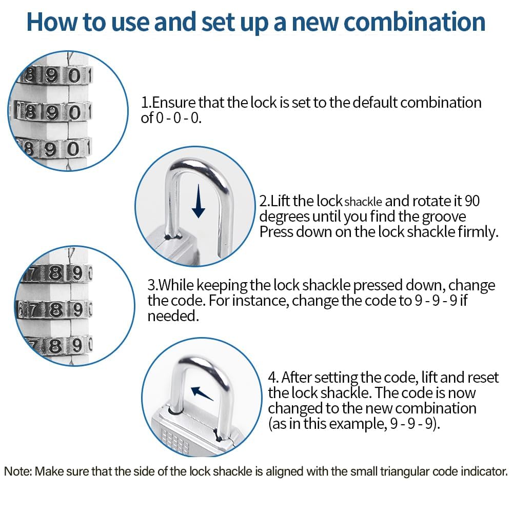 RESET-071 Mini Combination Lock, Small 3 Digit Padlock for Gym Locker, Travel Luggage Lock, Resettable No Key Lock for Backpack, Zipper, Suitcase, Sliver, 2 Pack
