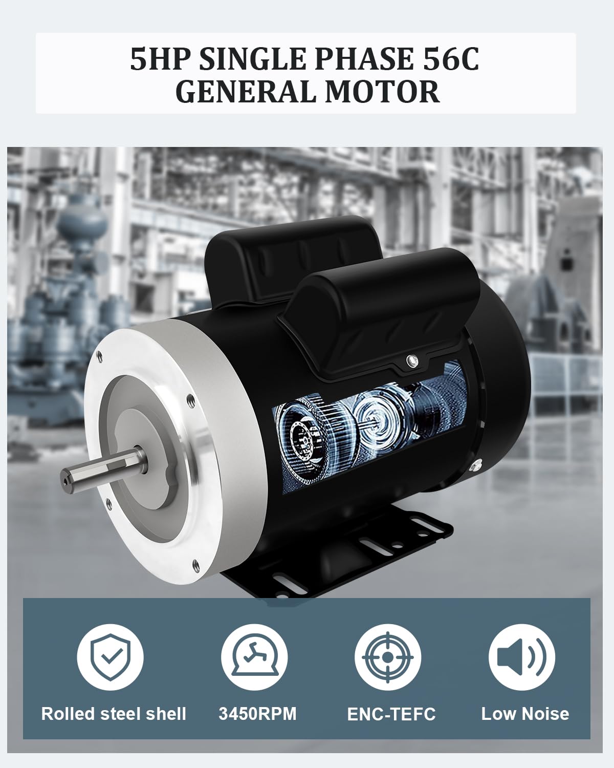 Electric Motor 5HP, Air Compressor Motor, 3450RPM General Purpose Motor, Single Phase Motor 208-230V 56C Frame 5/8"Shaft Diameter 60HZ TEFC