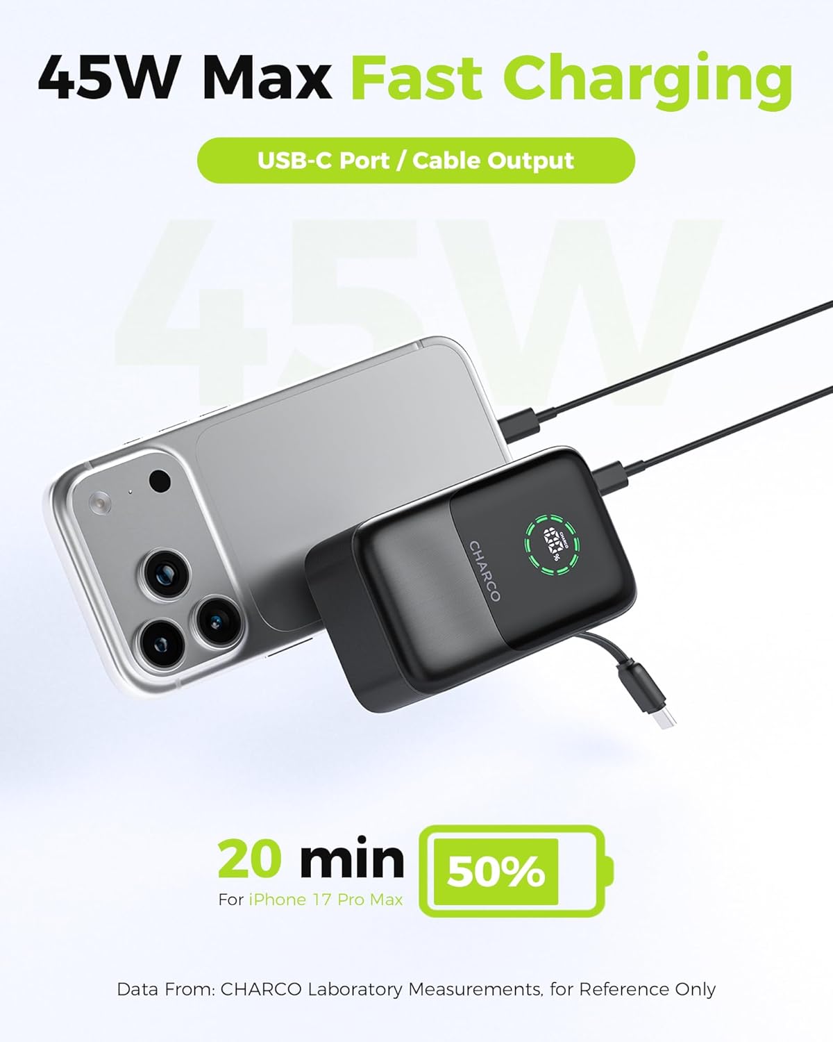 CHARCO 45W, 10000mAh Pack 17/16 Portable Charger Power Bank Fast Charging Battery Charger Portable with Retractable USB