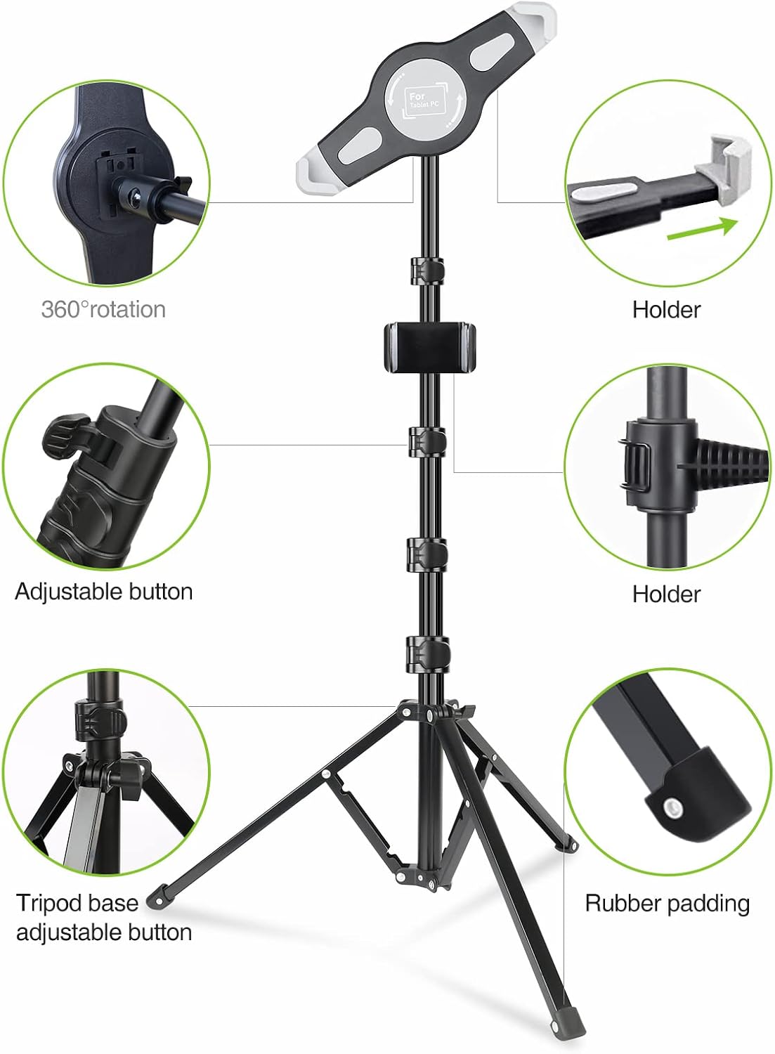 elitehood 360 7.9-11 Inch iPad Tripod Stand, Aluminum Alloy iPad Stand, Rotation Adjustable Height iPad Stand Holder