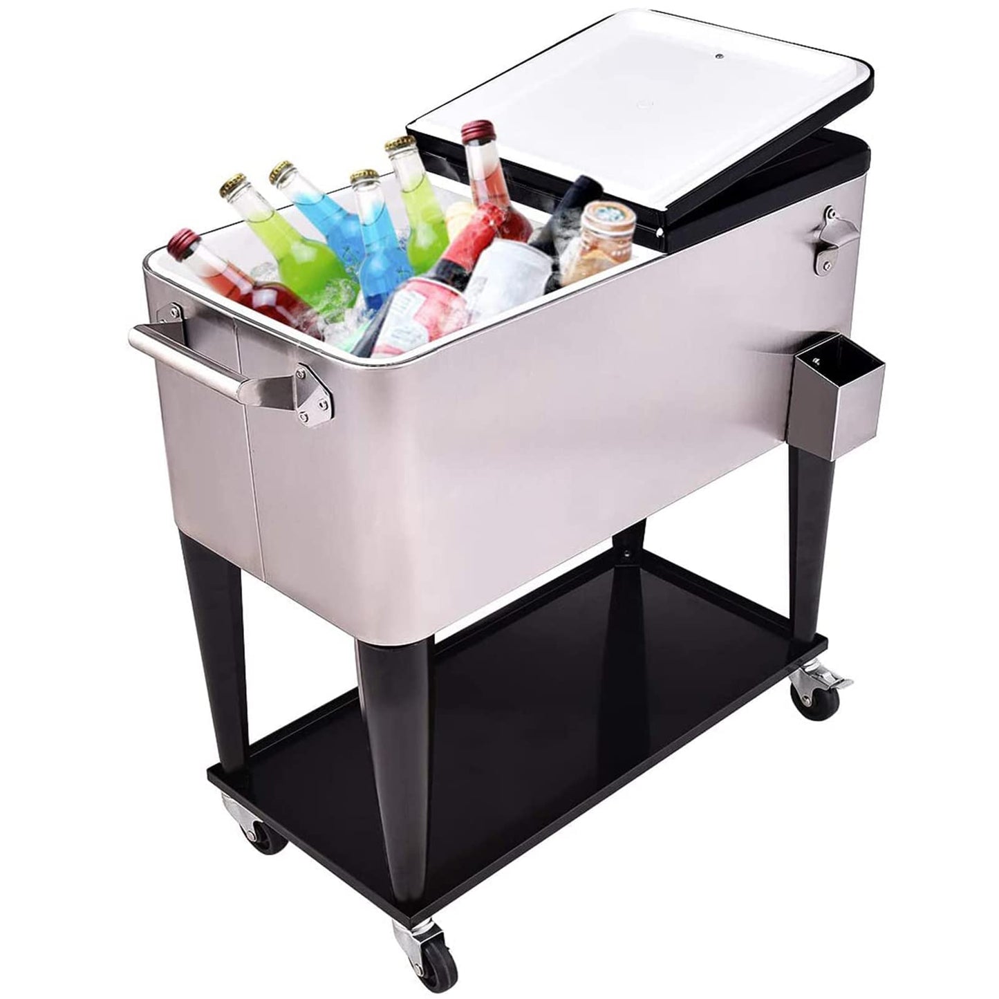 Giantex 80 Quart Rolling Patio Cooler Cart with Bottom Storage Shelf & Drain, Outdoor Ice Chest with Lockable Wheels, Bottle Opener & Cap Catcher, for Party Poolside Backyard BBQ (Sliver + Black)