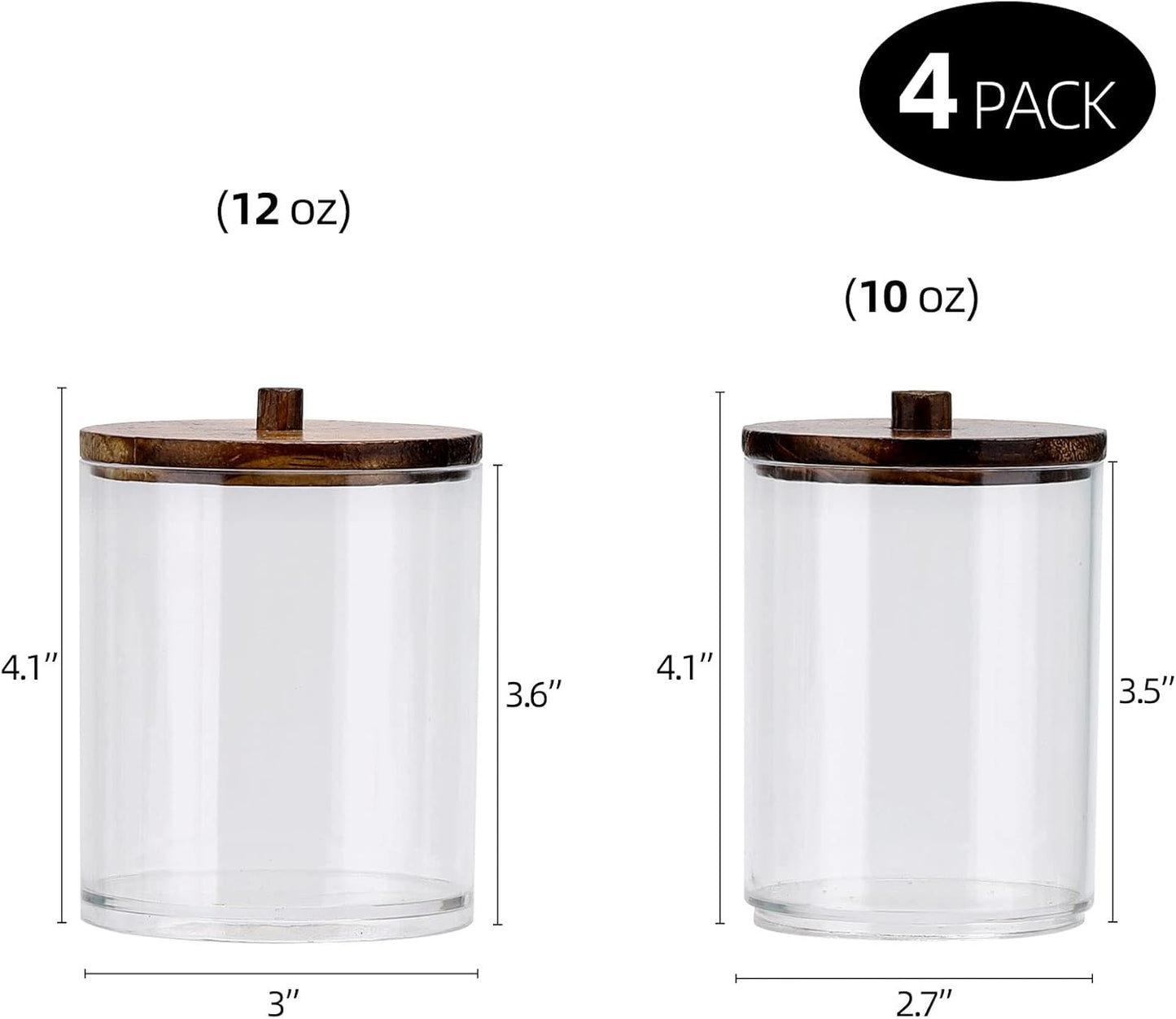 Tbestmax Qtip Holder Dispenser - 4 Pack Clear Plastic Apothecary Jars with Brown Wood Lids | 12oz & 10oz