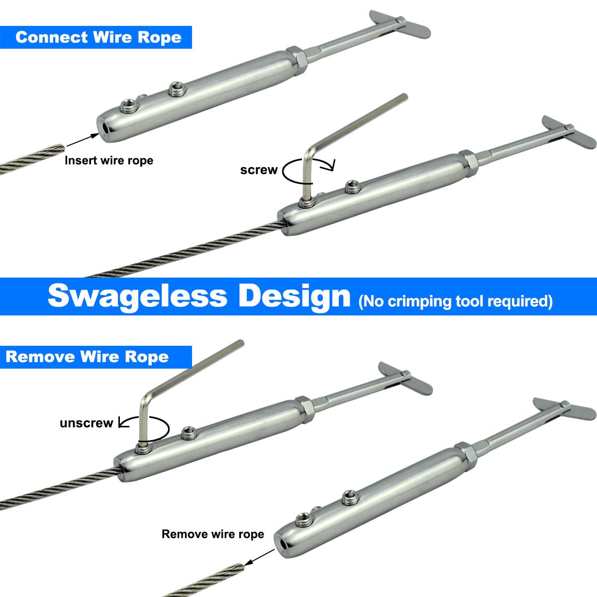Iutuuk Swageless Tensioners for Metal Posts Cable Railing Hardware Kit, for 3/16 Stainless Steel Cable Rrailing System, Adjustable Angle Swageless Drop Pin Tensioners Left & Right 10 Pairs