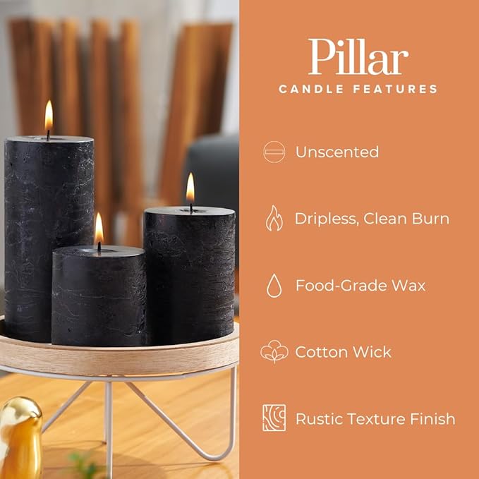 Simply Soson 3x4 inch Black Pillar Candles Set of 3, Rustic Texture, Unscented Black Candles, Dripless Candles, 3 inch Pillar Candles Ideal as Wedding, Parties, Spas, Dinner, Home Decoration, Church