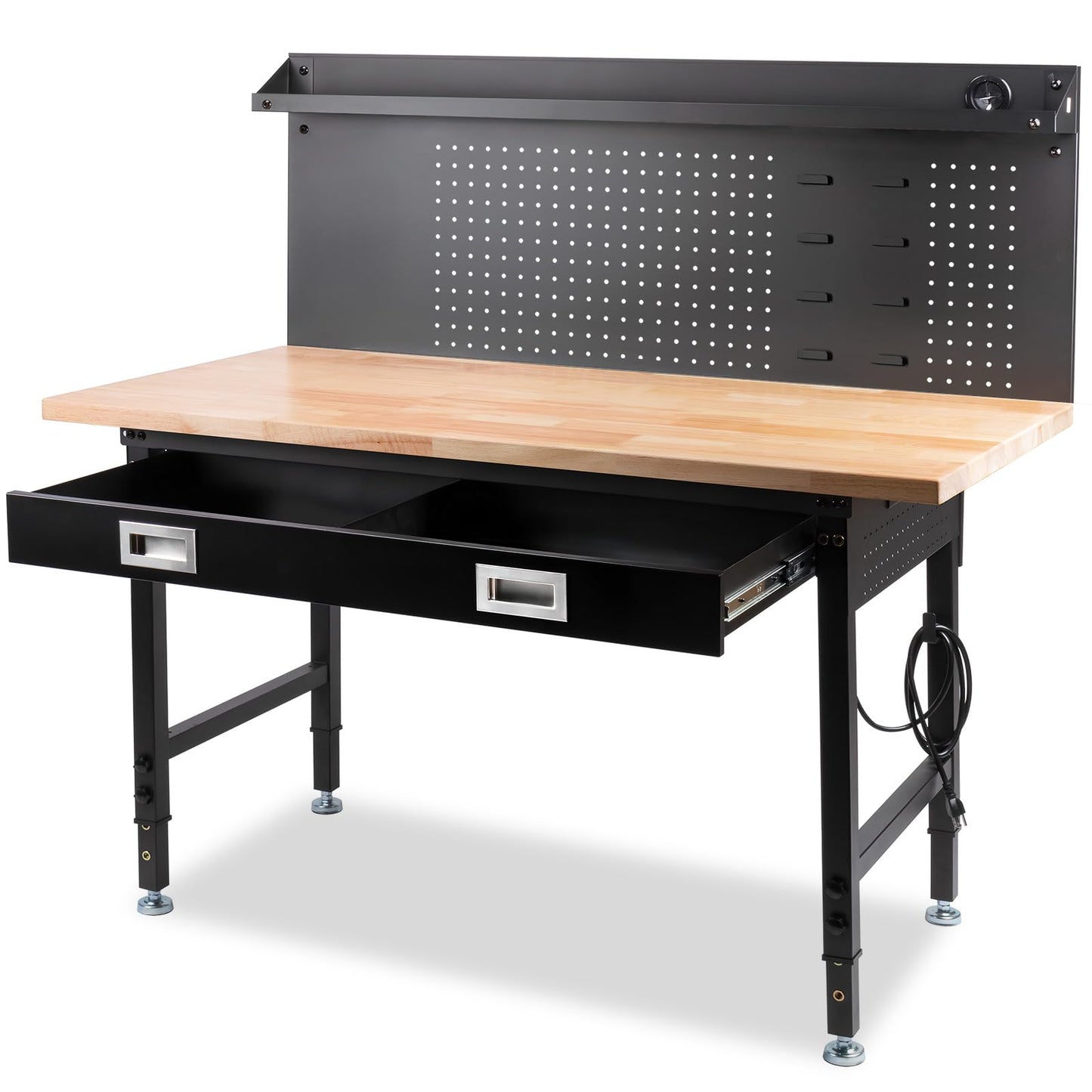 MUWOOD 60" Workbench with Drawers, Work Benches for Garage with Strip Light, Adjustable Work Table with Large Pegboard, 2000 LBS Heavy Duty Table with Power Outlet Rubber Wood for Garage, Office