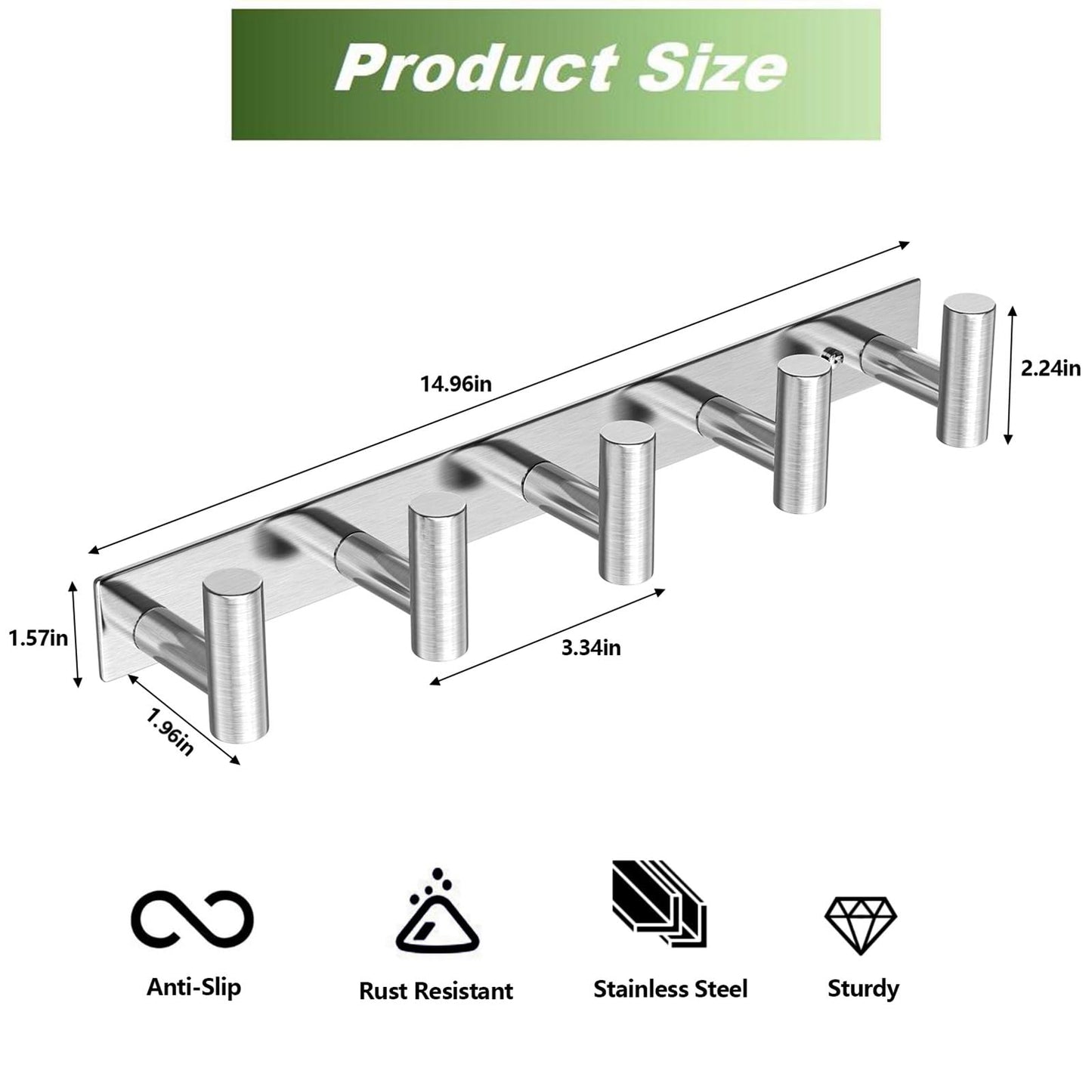 VINHOLD Wall Mounted Coat Rack-5 Hooks, Heavy Duty Stainless Steel Wall Hooks for Towel Coat Bag, Hat Rack Coat Hanger Coat Hooks Towel Racks for Bathroom Entryway Kitchen Hotel (Silvery, 1 Pack)