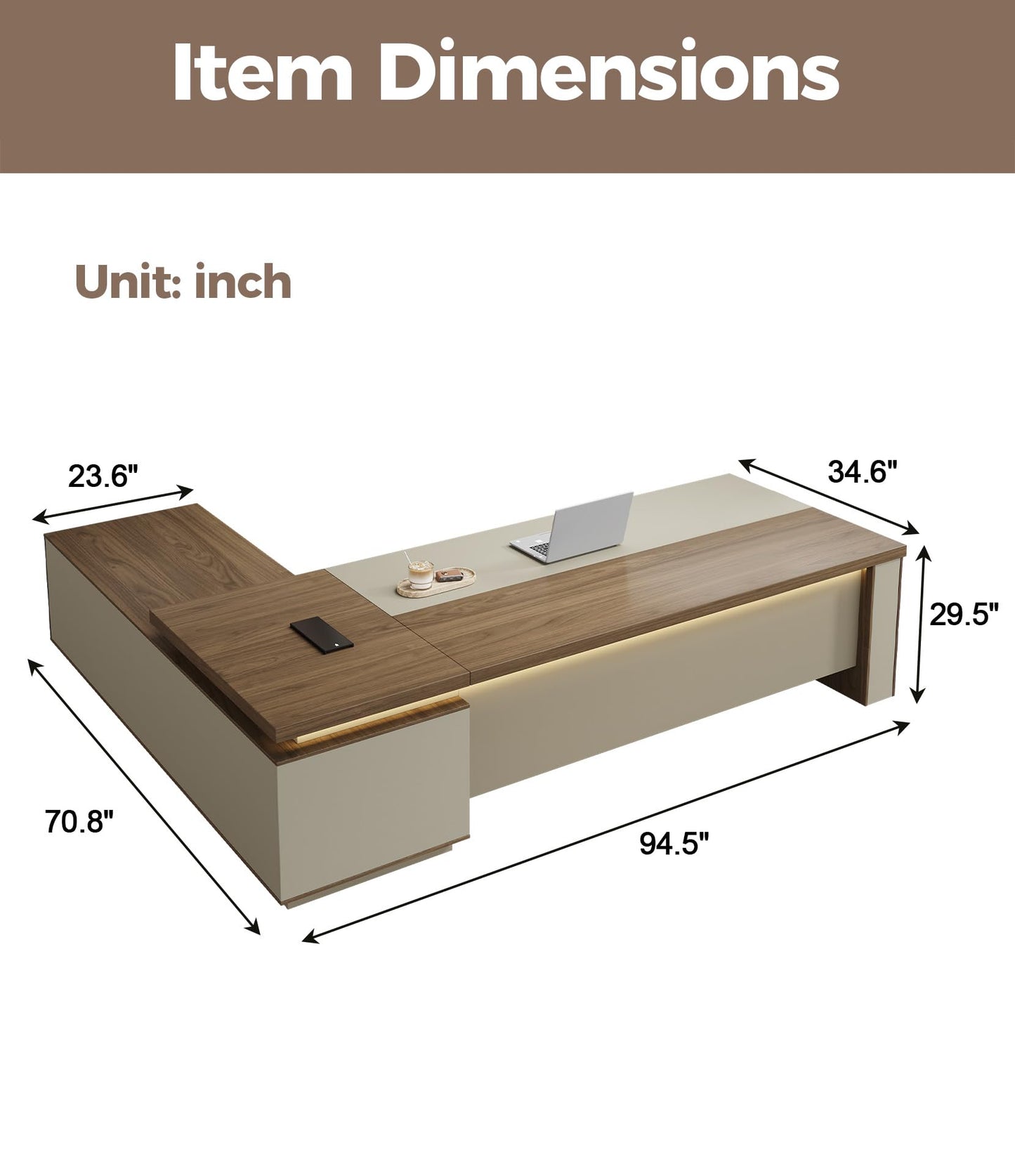 Anzhap 95" L-Shaped Executive Desk with Reversible Cabinets – Large Luxury Office Desk with Drawers, Open Storage Shelves, Built-in Power Outlets & LED Lighting for Home or Business