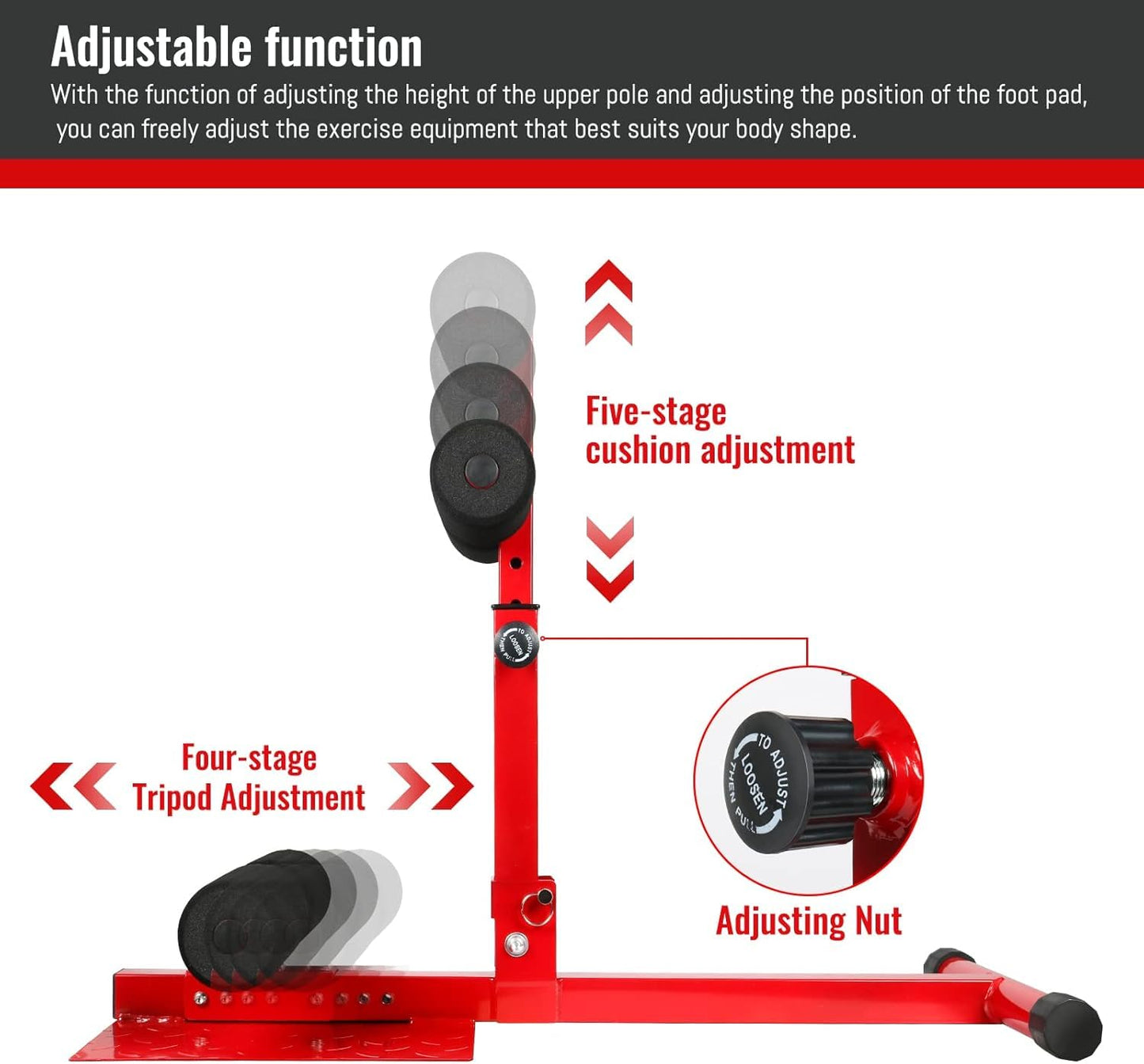 INNOLIFE Sissy Squat Machine Adjustable Height, Protective Foam Thick Steel Fitness Home Gym (Red)