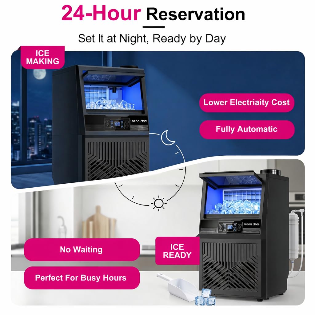 Lecon Chef Freestanding Commercial Ice Maker Machine 80Lbs/24H & Dual Water Inlet, 36 Ice Cubes/Cycle, Adjustable Ice Thickness, Self-Cleaning, 20Lbs Storage Bin for Restaurant, Office