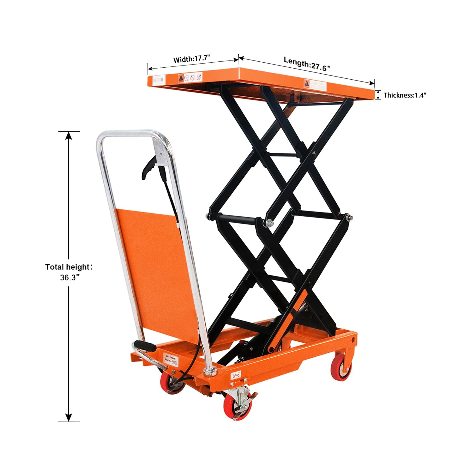 APOLLOLIFT Hydraulic Lift Table, 330lbs Capacity 43.3" Lifting Height, Double Scissor Lift Table Cart, 4 Wheels Lift Truck with Protective Baffle for Material Handling and Transportation(Orange)