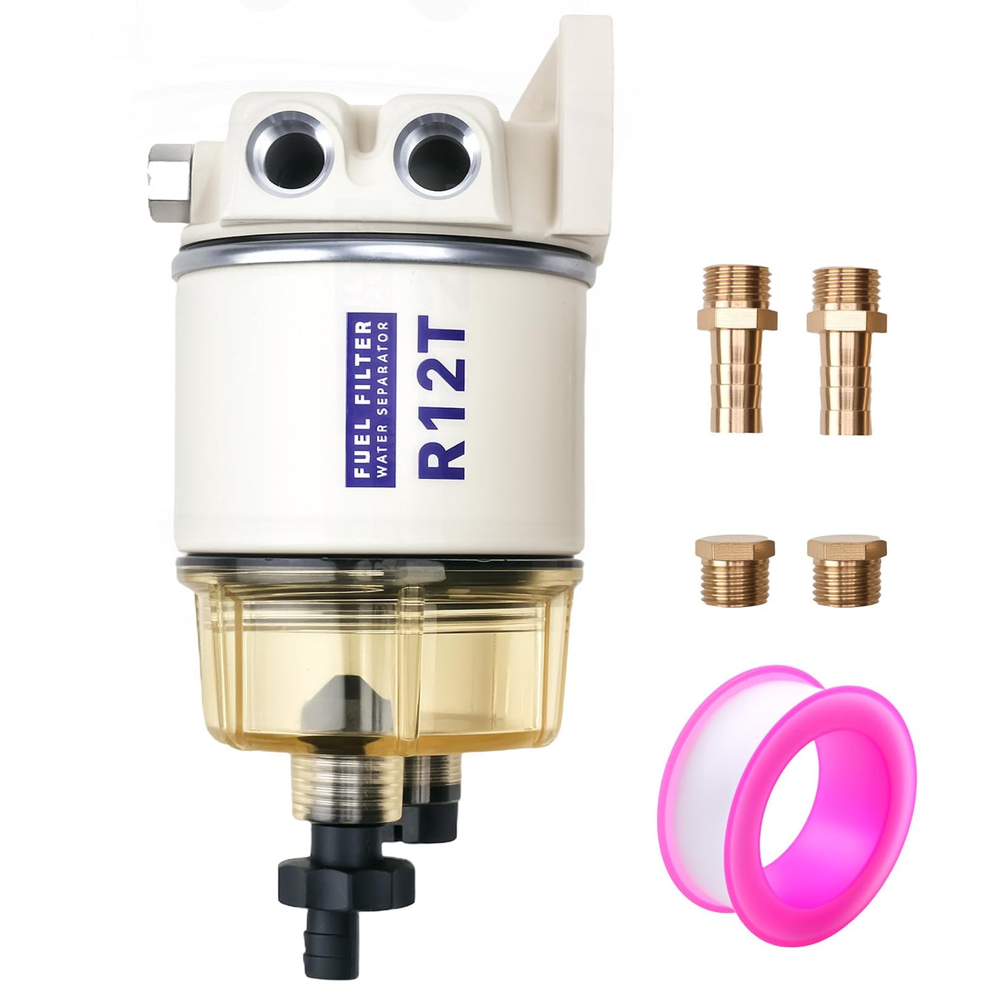 R12T Marine Fuel Water Separator Filter Kit, 10 Micron Replacement for S3240 120AT 18-7987 NPT ZG1/4-19, Fits Gasoline and Diesel Outboard Engines, Includes 2 Fittings and 2 Plugs