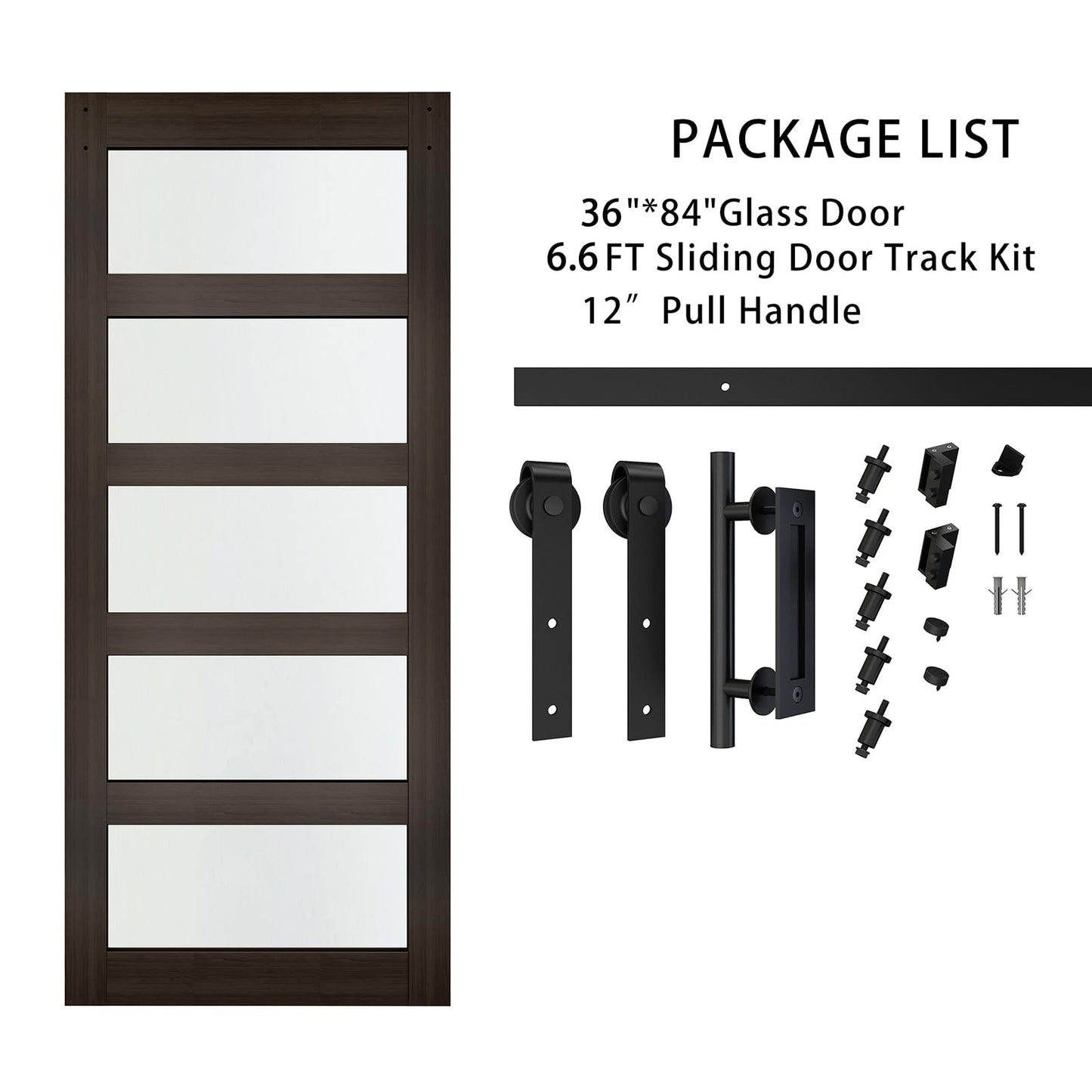 BARNSMITH 36in x 84in Glass Barn Door with 6.6FT Sliding Door Hardware Kit Included & Handle,5-Panel Frosted Glass Solid Wood Slab with Water-Proof PVC Surface,Pre-Drilled Easy Assembly,Brown