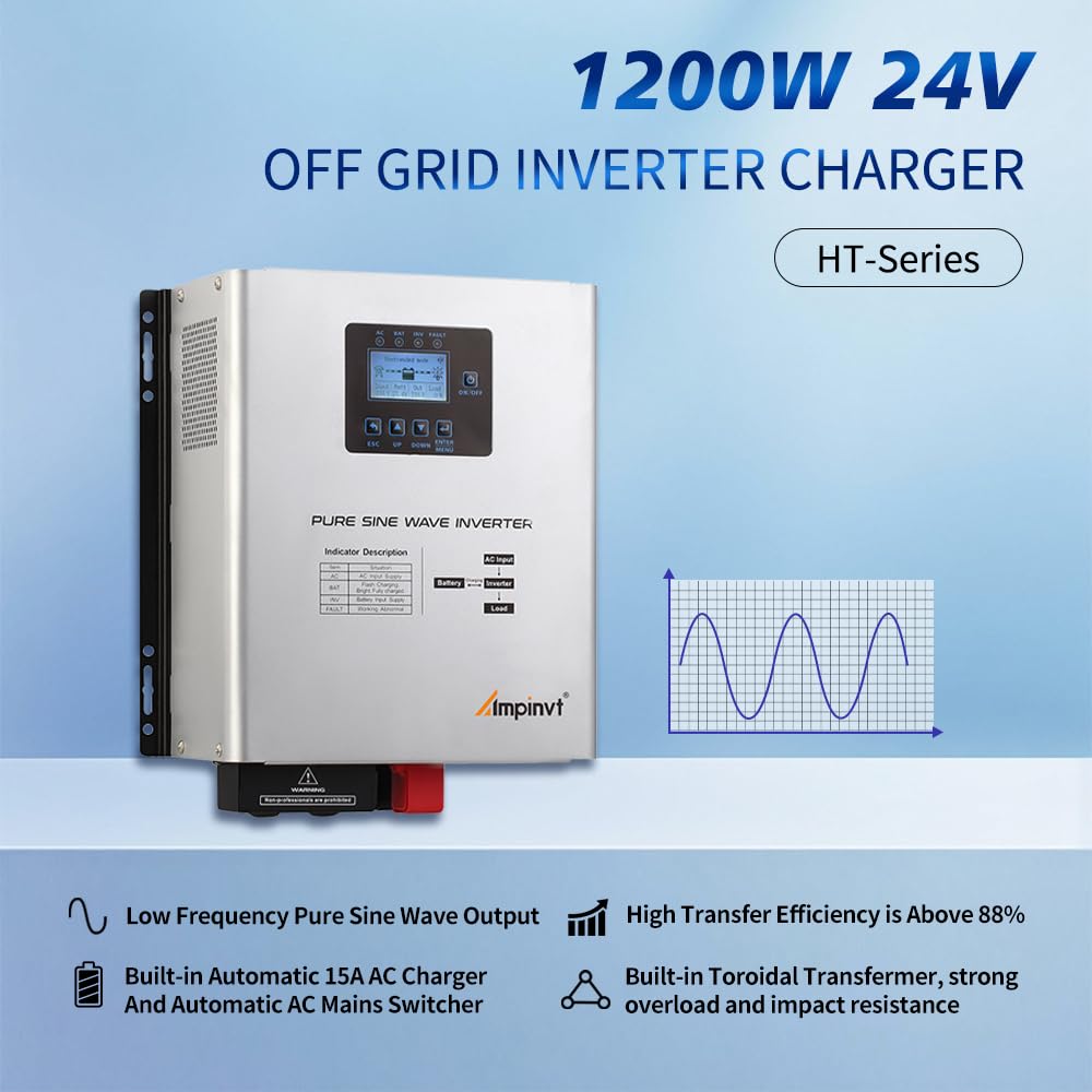 Ampinvt 1200W Pure Sine Wave Inverter with AC Charger, DC 24V to AC 120V Output,UPS Backup Power Low Frequency Inverter for Lithium, Sealed,AGM, Gel,and Flooded Batteries